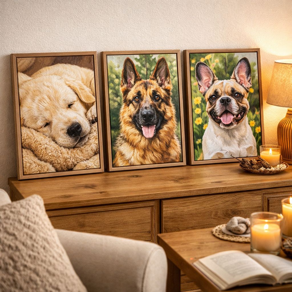 Collection de toiles de peinture par numéro encadrées avec différents chiens et chiots dans un salon moderne et chaleureux