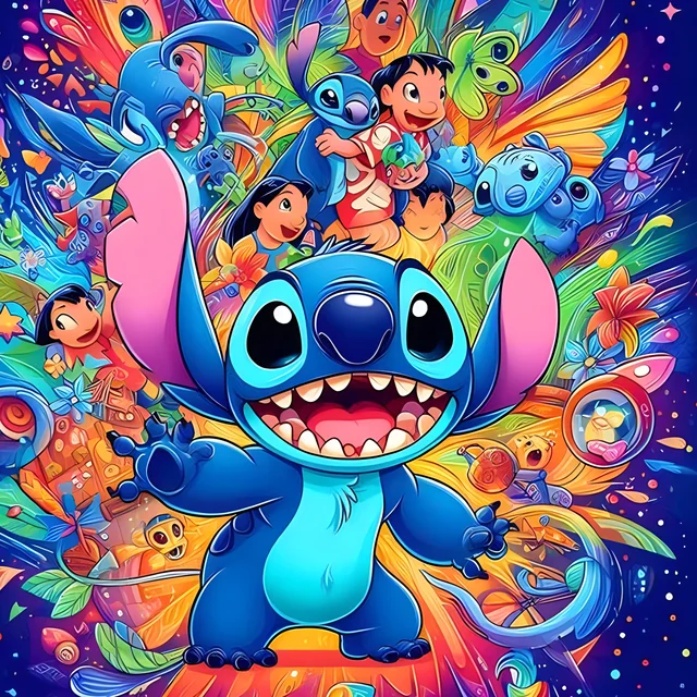 Aperçu du tableau final de la peinture par numéros Disney Stitch Arc-en-ciel.