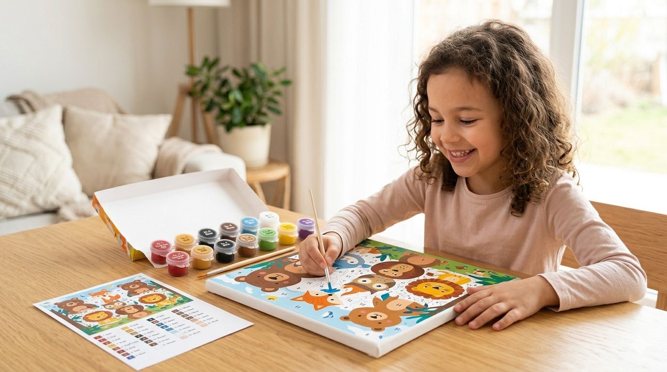 Enfant de 7 ans peignant un kit de peinture par numéro facile avec pinceaux et peintures non-toxiques