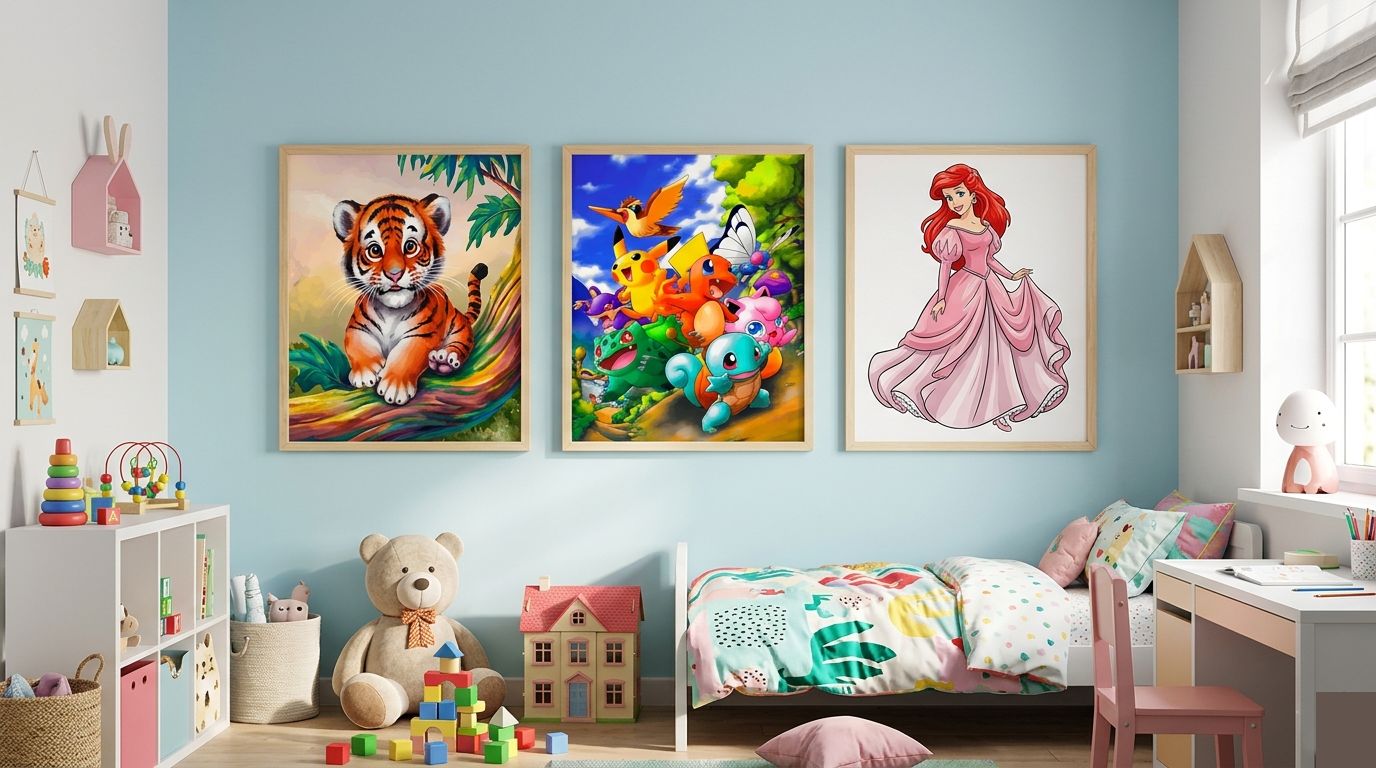 Collection de toiles de peinture par numéro pour enfants encadrées et affichées dans une chambre