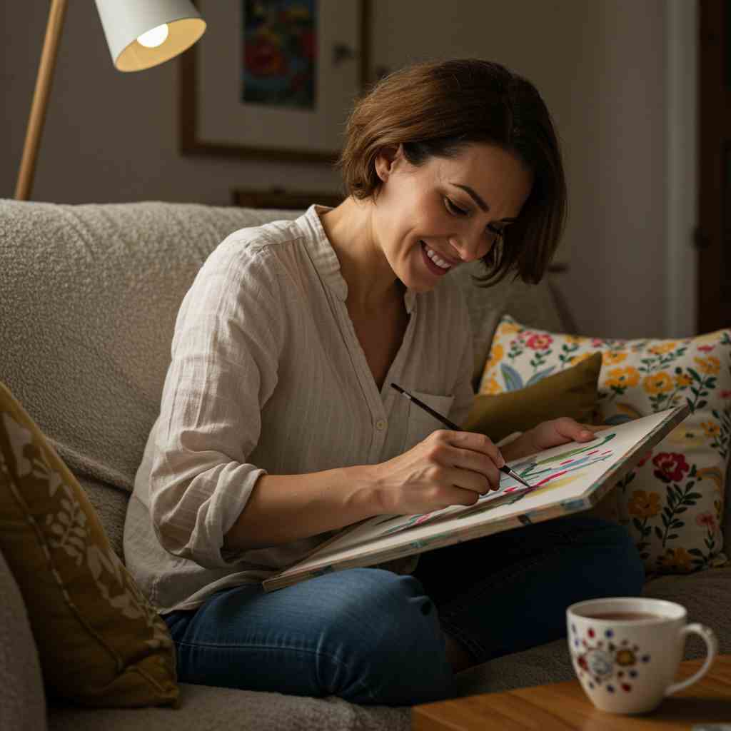 Femme pratiquant la peinture par numéro comme activité de relaxation et d'art-thérapie