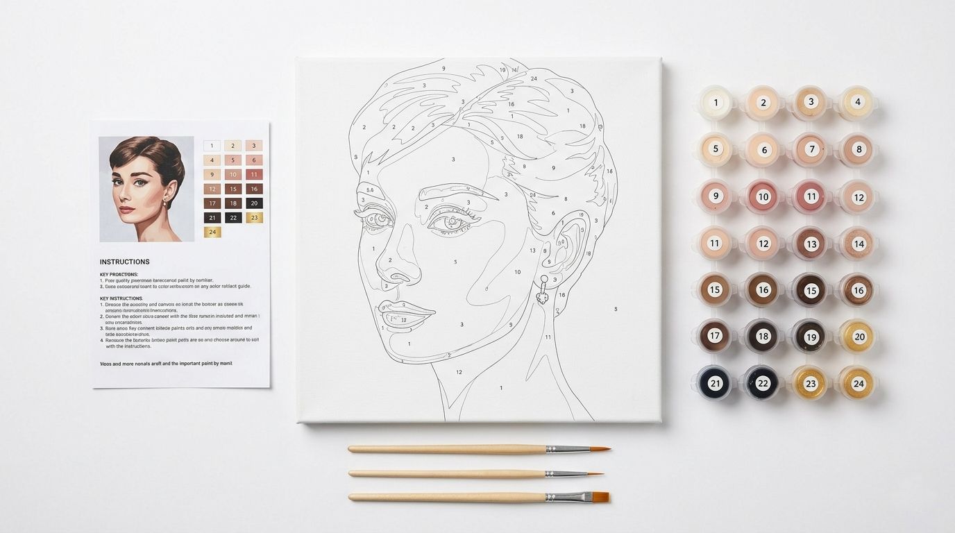 Kit complet de peinture par numéro femmes avec toile numérotée représentant un portrait de femme élégant, pots de peinture acrylique et pinceaux