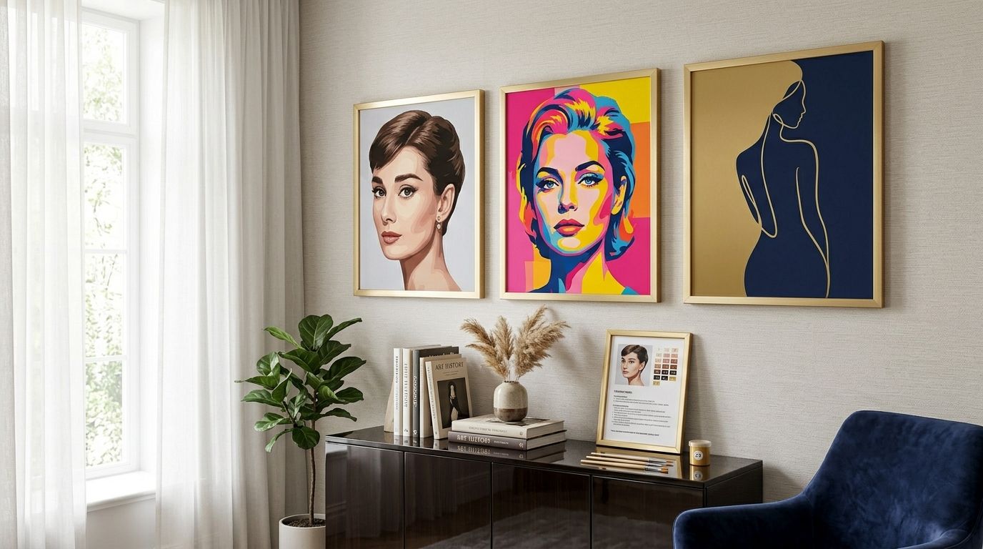 Collection de toiles de peinture par numéro femmes encadrées représentant des portraits féminins élégants dans un salon moderne