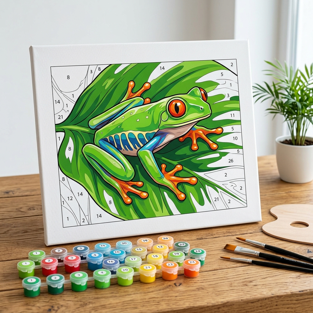 Kit peinture par numero grenouille tropicale : toile pre-dessinee, pots de peinture acrylique et pinceaux sur bureau en bois