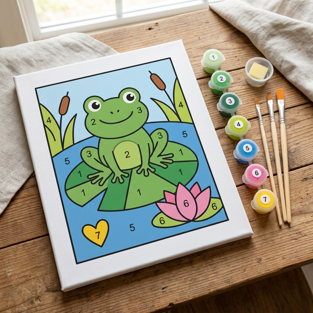 Toile peinture par numero grenouille verte sur nenuphar pour debutant : zones numerotees larges et couleurs simples