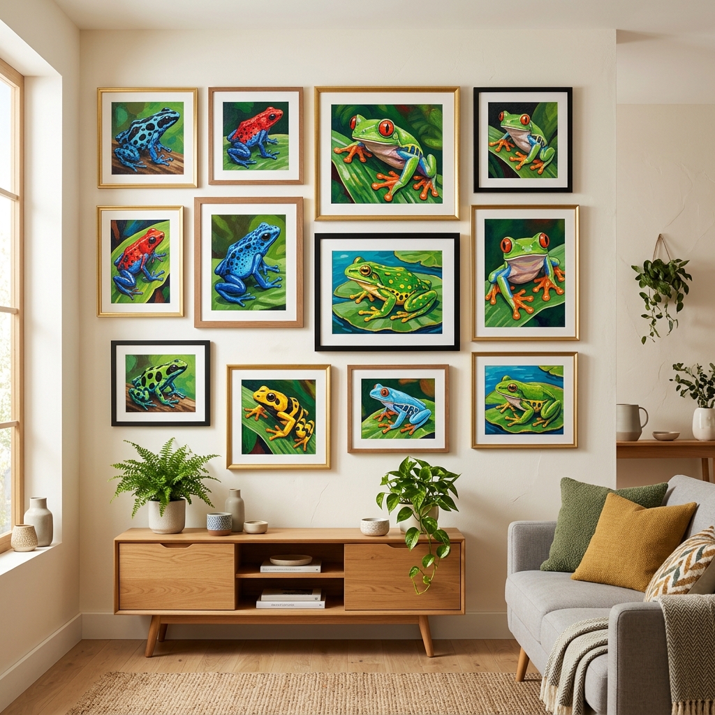Toiles de peinture par numero grenouilles encadrees : dendrobates, rainettes et grenouilles tropicales en couleurs vives dans un salon