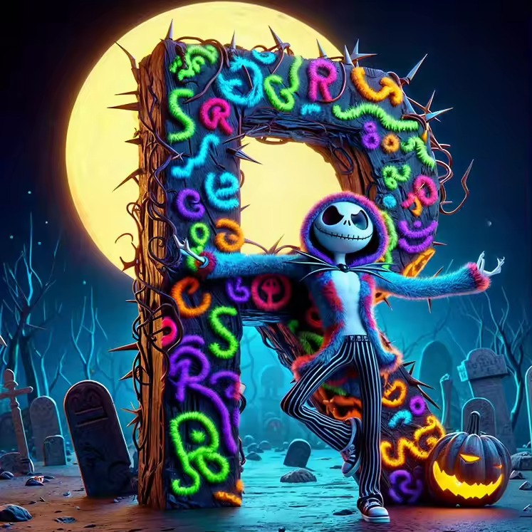 Peinture Numéro Halloween : Jack et la Lettre R aux Éclats Néon Texturés
