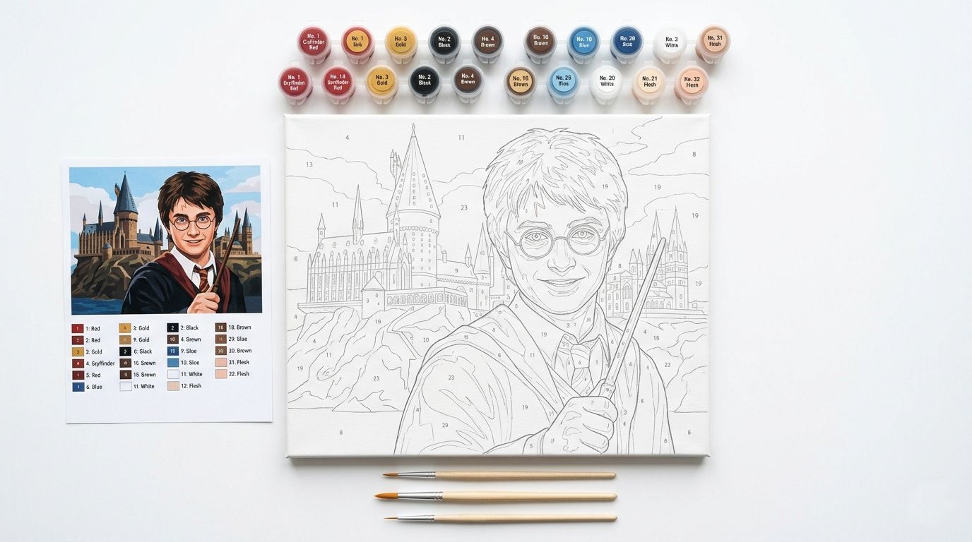 Kit complet de peinture par numéro Harry Potter avec toile numérotée, pots de peinture acrylique et pinceaux