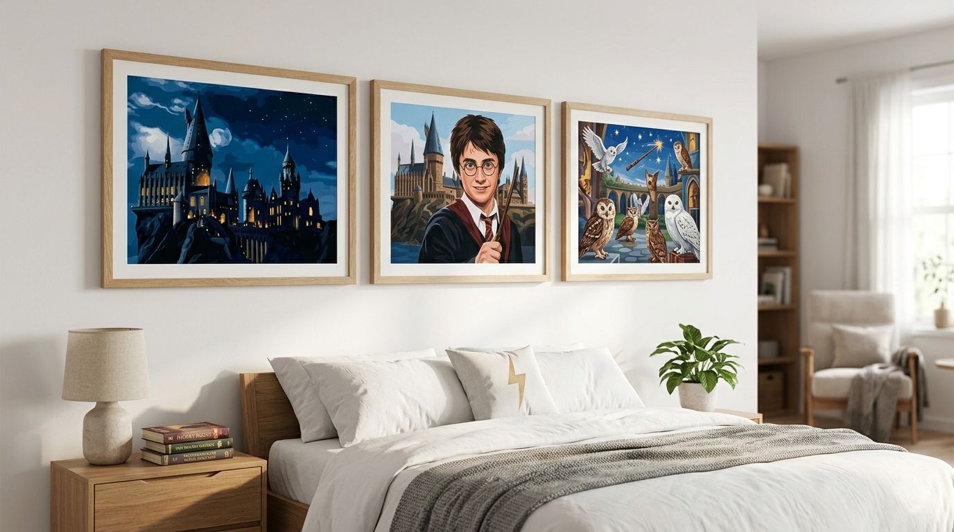 Collection de toiles de peinture par numéro Harry Potter encadrées et affichées dans une chambre moderne