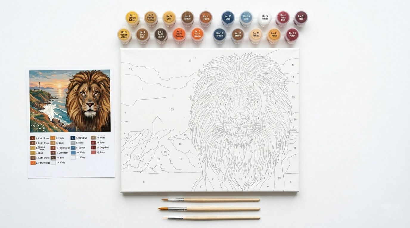Kit complet de peinture par numéro animaux avec toile numérotée représentant un lion, pots de peinture acrylique et pinceaux