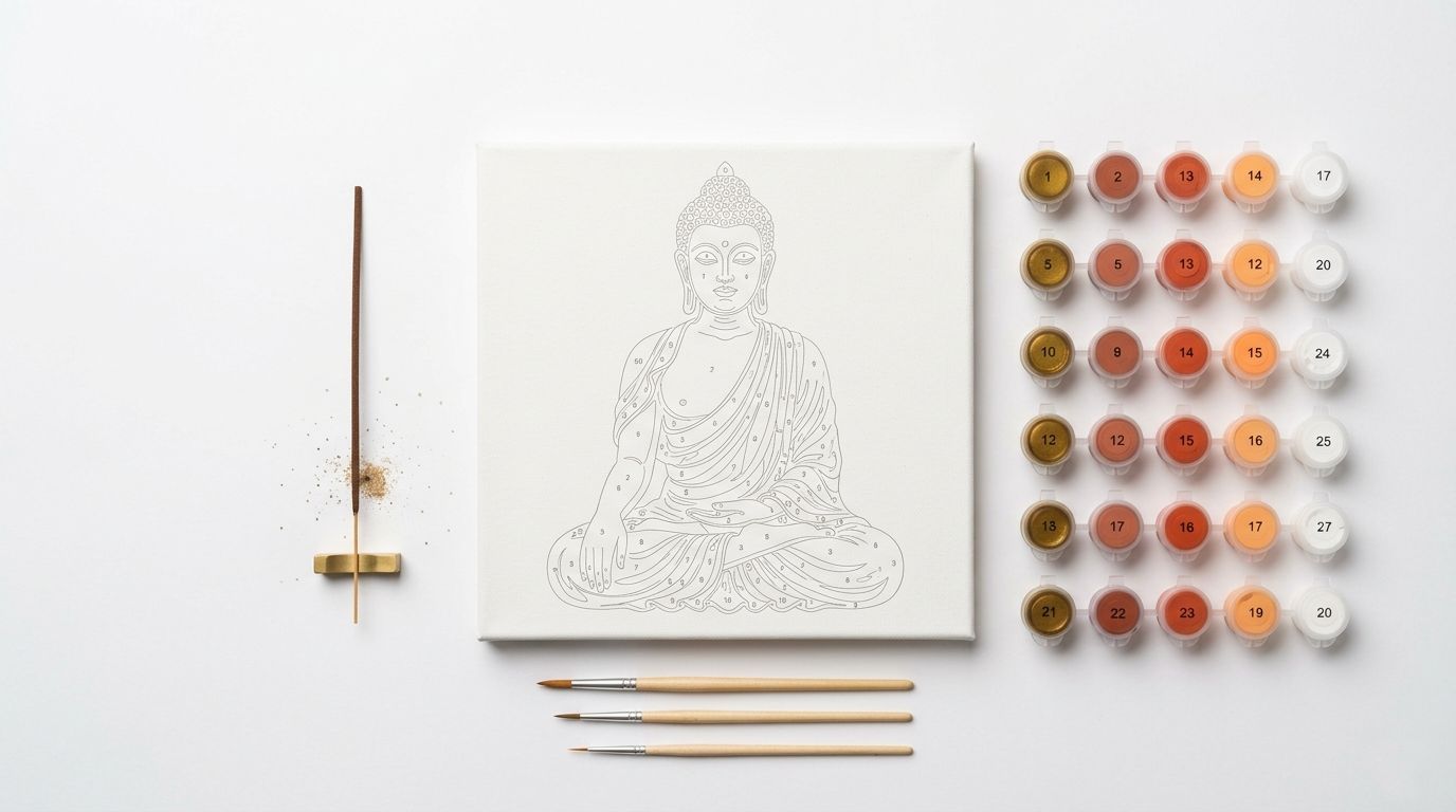 Kit complet de peinture par numéro Bouddha avec toile numérotée représentant un Bouddha méditatif, pots de peinture acrylique dorés et pinceaux