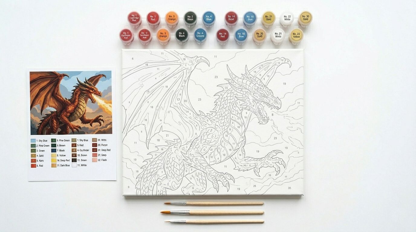 Kit complet de peinture par numéro dragon avec toile numérotée représentant un dragon de feu, pots de peinture acrylique et pinceaux