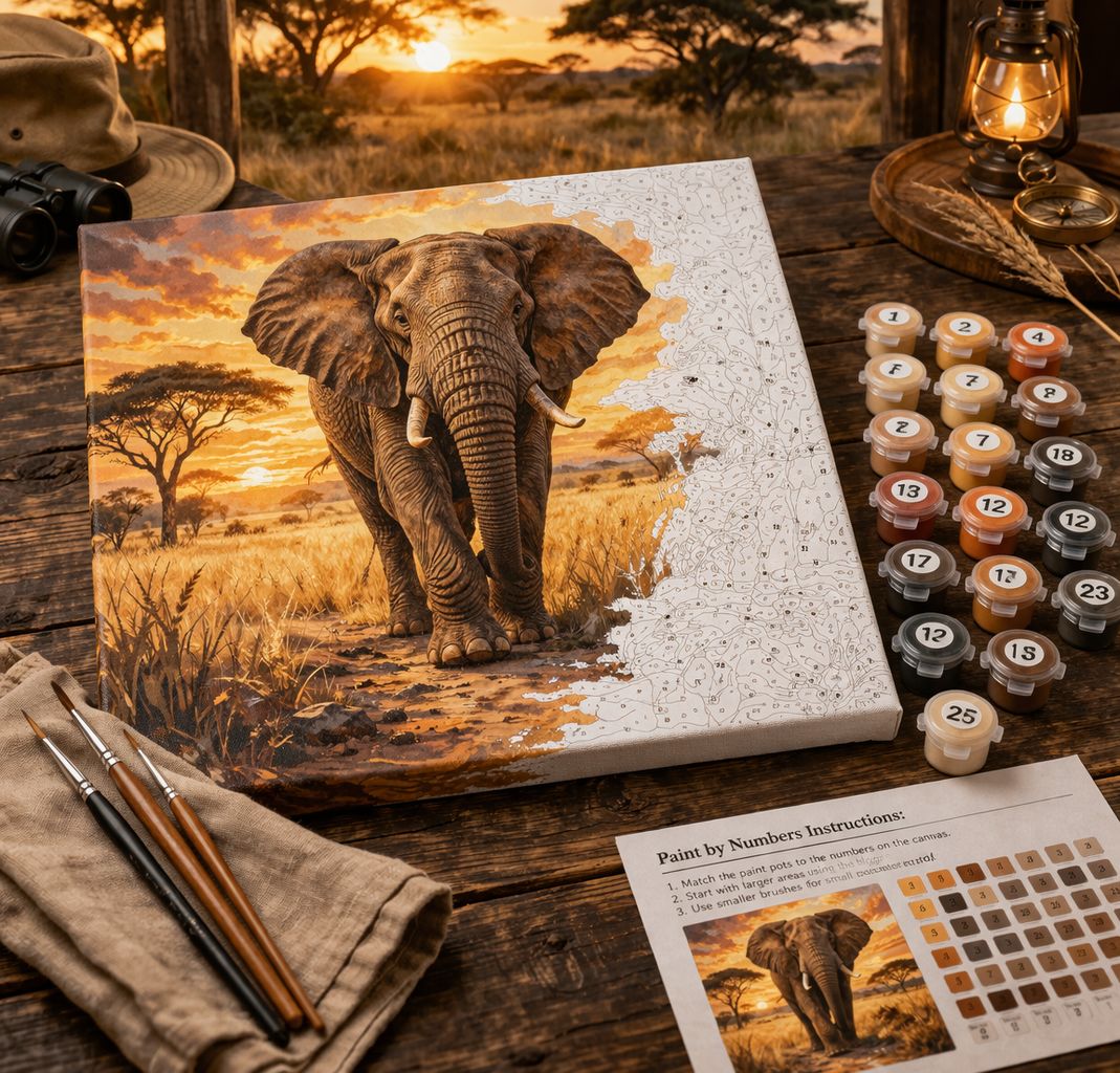 Kit complet de peinture par numéro d'un éléphant dans la savane au coucher du soleil, avec pots de peinture acrylique et pinceaux sur une table en bois