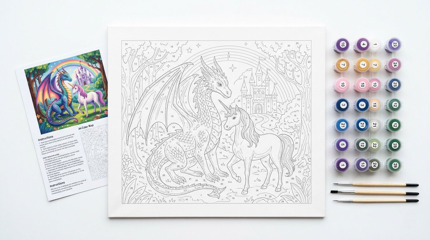 Kit complet de peinture par numéro fantaisie avec toile numérotée représentant un dragon, pots de peinture acrylique et pinceaux