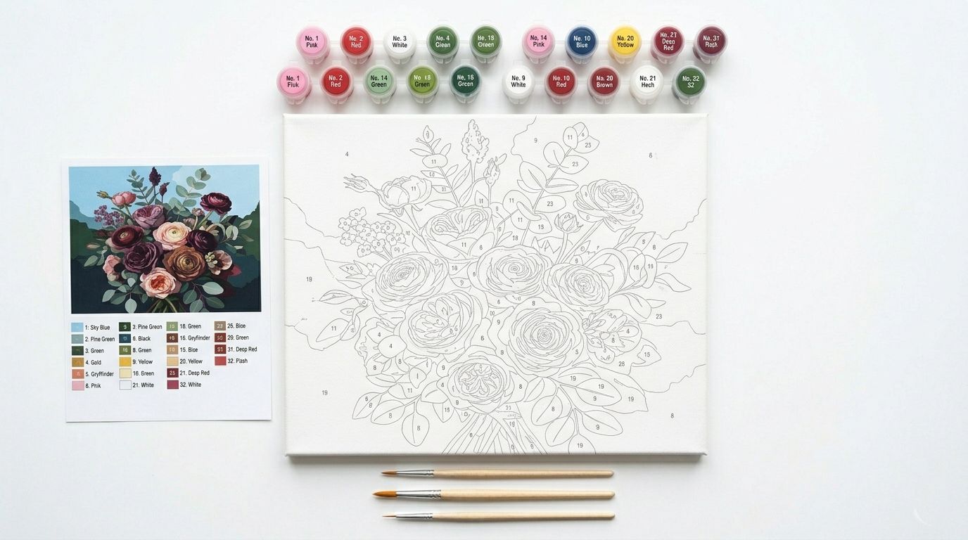 Kit complet de peinture par numéro fleurs avec toile numérotée représentant un bouquet de roses, pots de peinture acrylique et pinceaux