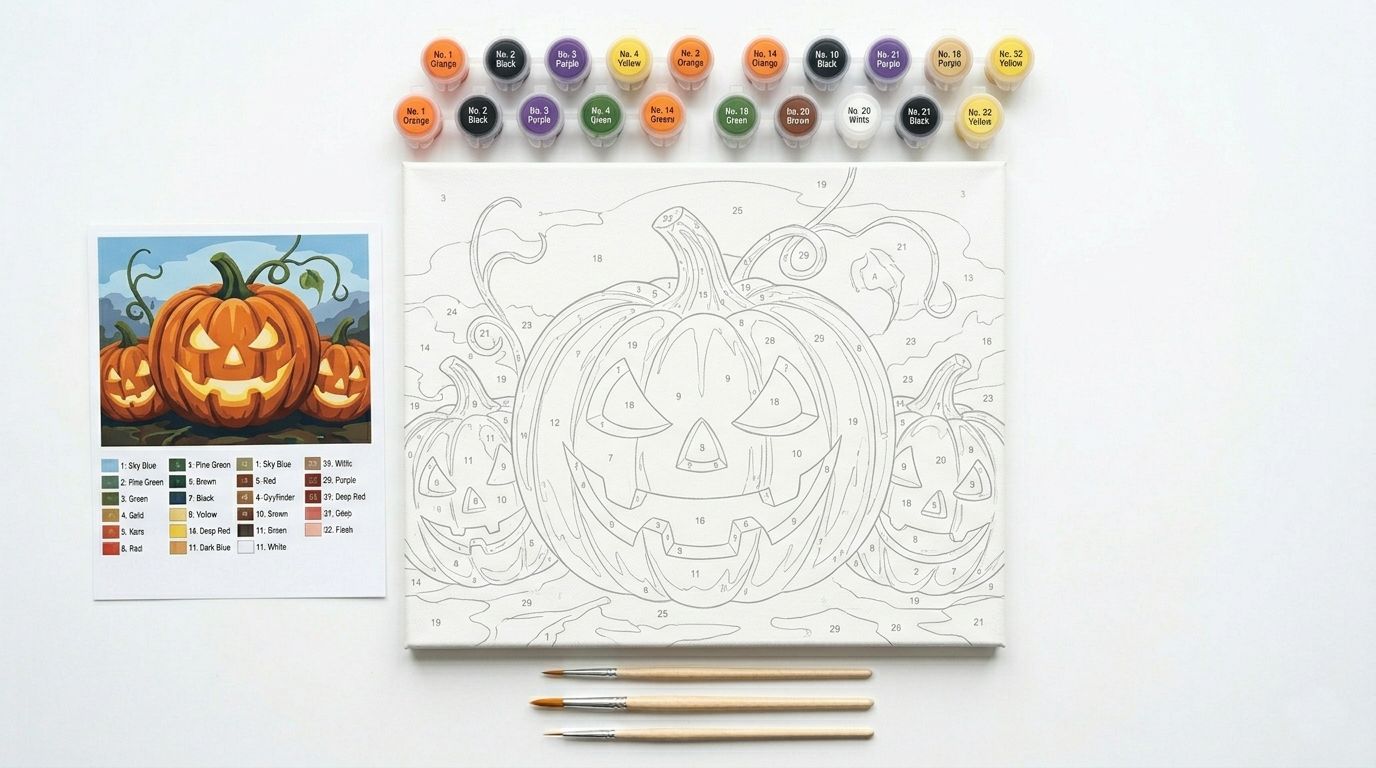 Kit complet de peinture par numéro Halloween avec toile numérotée représentant une citrouille, pots de peinture acrylique orange et noir et pinceaux