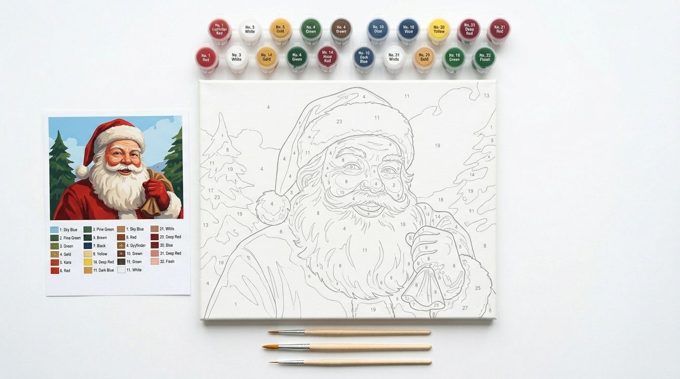 Kit complet de peinture par numéro Noël avec toile numérotée représentant un Père Noël, pots de peinture acrylique rouge et or et pinceaux