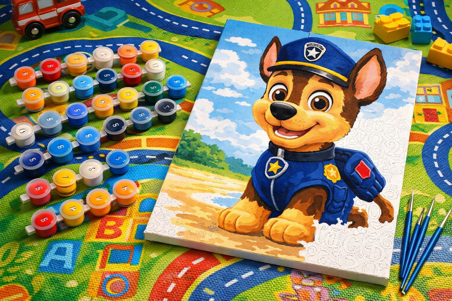 Kit complet de peinture par numéro Pat' Patrouille avec toile de Chase le chien policier, pots de peinture acrylique aux couleurs vives et pinceaux
