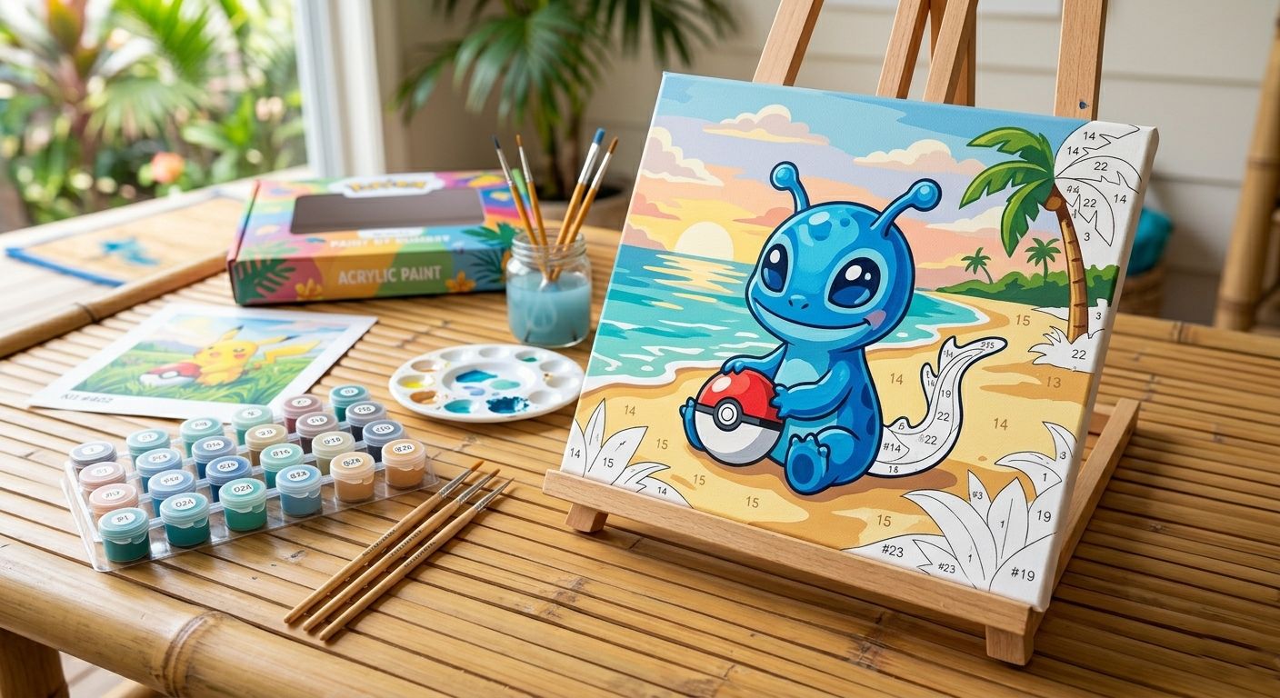Kit complet de peinture par numéro Stitch sur une plage à Hawaï, avec pots de peinture acrylique dans les tons bleus et pinceaux