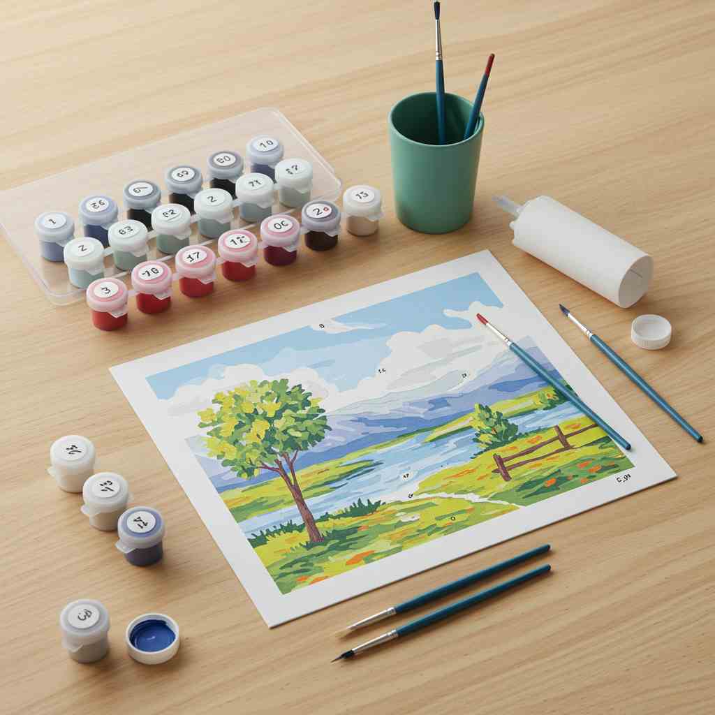 Kit de peinture par numéro complet vu de dessus : toile numérotée, pots de peinture et pinceaux