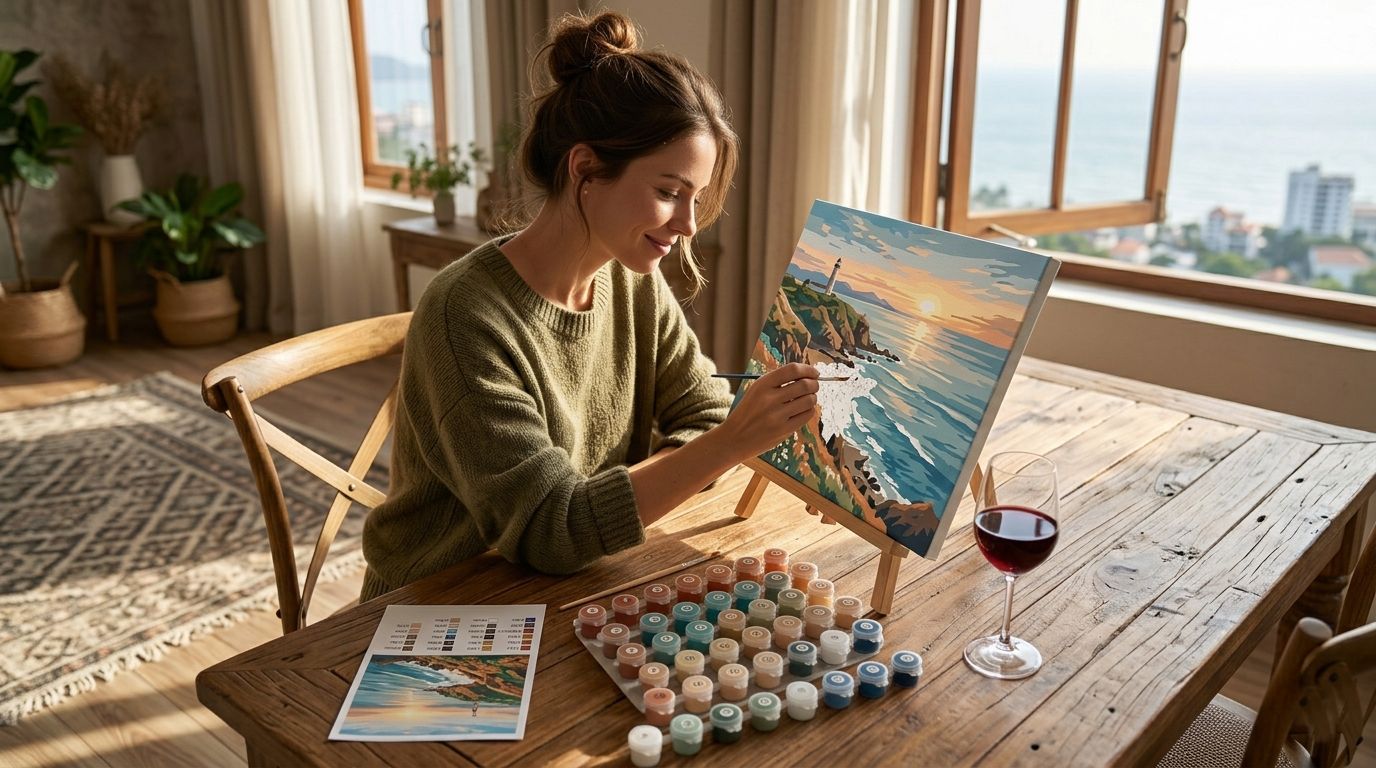 Adulte peignant un kit de peinture par numéro dans un cadre cosy et relaxant avec pots de peinture acrylique et pinceaux