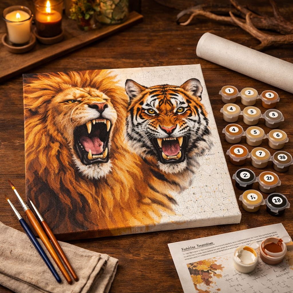 Kit complet de peinture par numéro avec une toile de lion majestueux et de tigre, pots de peinture acrylique dans les tons fauves et pinceaux de précision