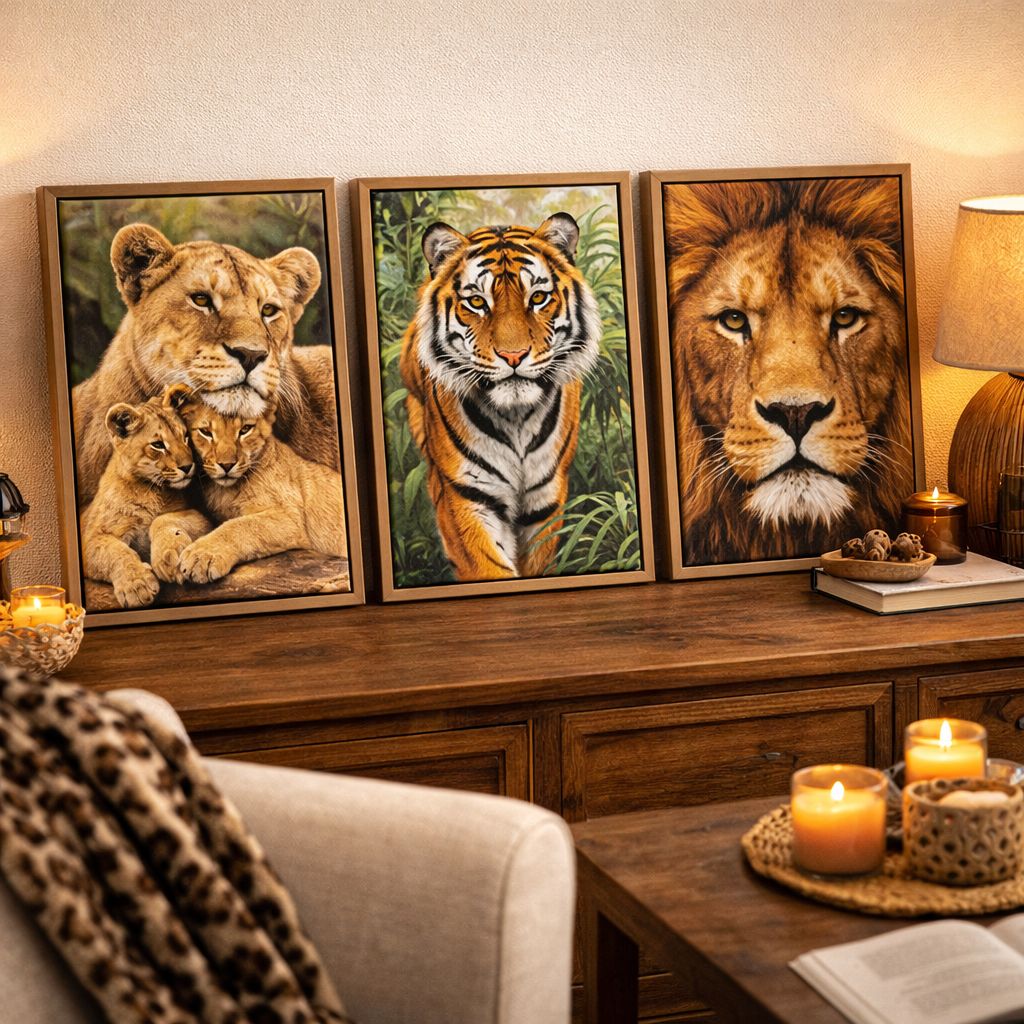 Collection de toiles de peinture par numéro encadrées représentant des lions, des tigres et des lionceaux dans un salon au style safari chic