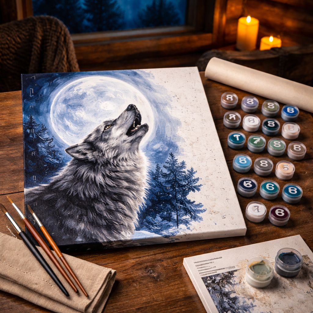 Kit complet de peinture par numéro représentant un loup hurlant à la pleine lune, avec pots de peinture dans les tons froids et pinceaux sur une table rustique