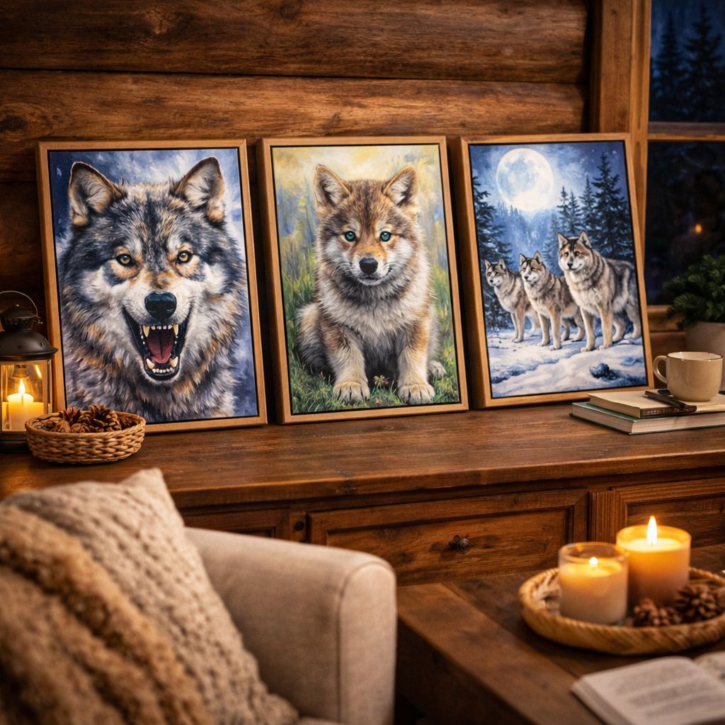 Collection de toiles de peinture par numéro encadrées avec des loups, un louveteau et une meute dans une décoration de chalet chaleureux