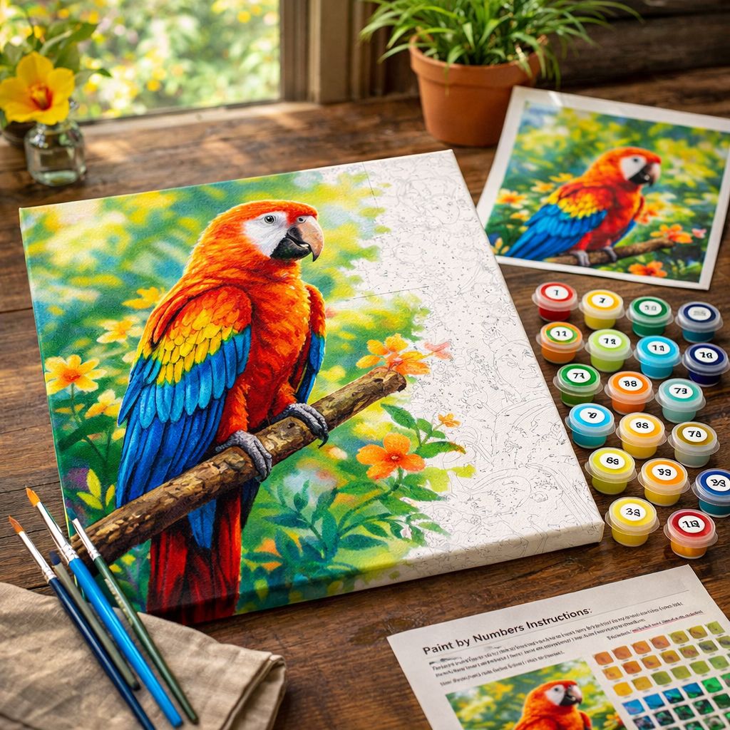 Kit complet de peinture par numéro d'un perroquet tropical, avec pots de peinture acrylique aux couleurs vives et pinceaux sur un bureau ensoleillé