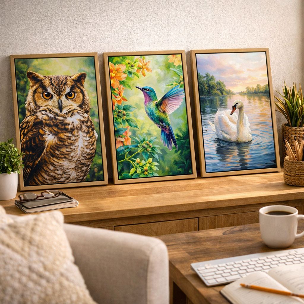 Collection de toiles de peinture par numéro encadrées représentant divers oiseaux dans une décoration intérieure lumineuse