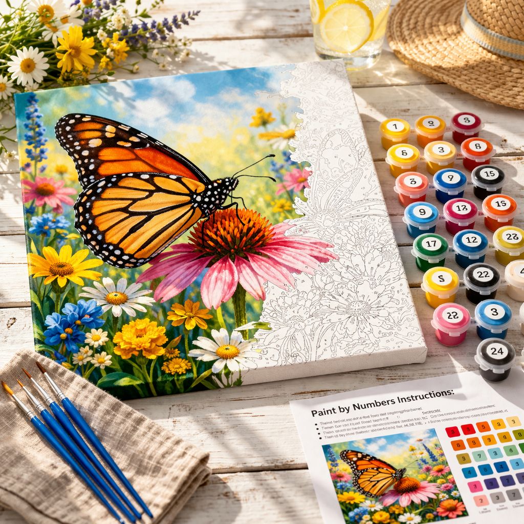 Kit complet de peinture par numéro d'un papillon monarque posé sur une fleur, avec pots de peinture acrylique et pinceaux sur une table en bois