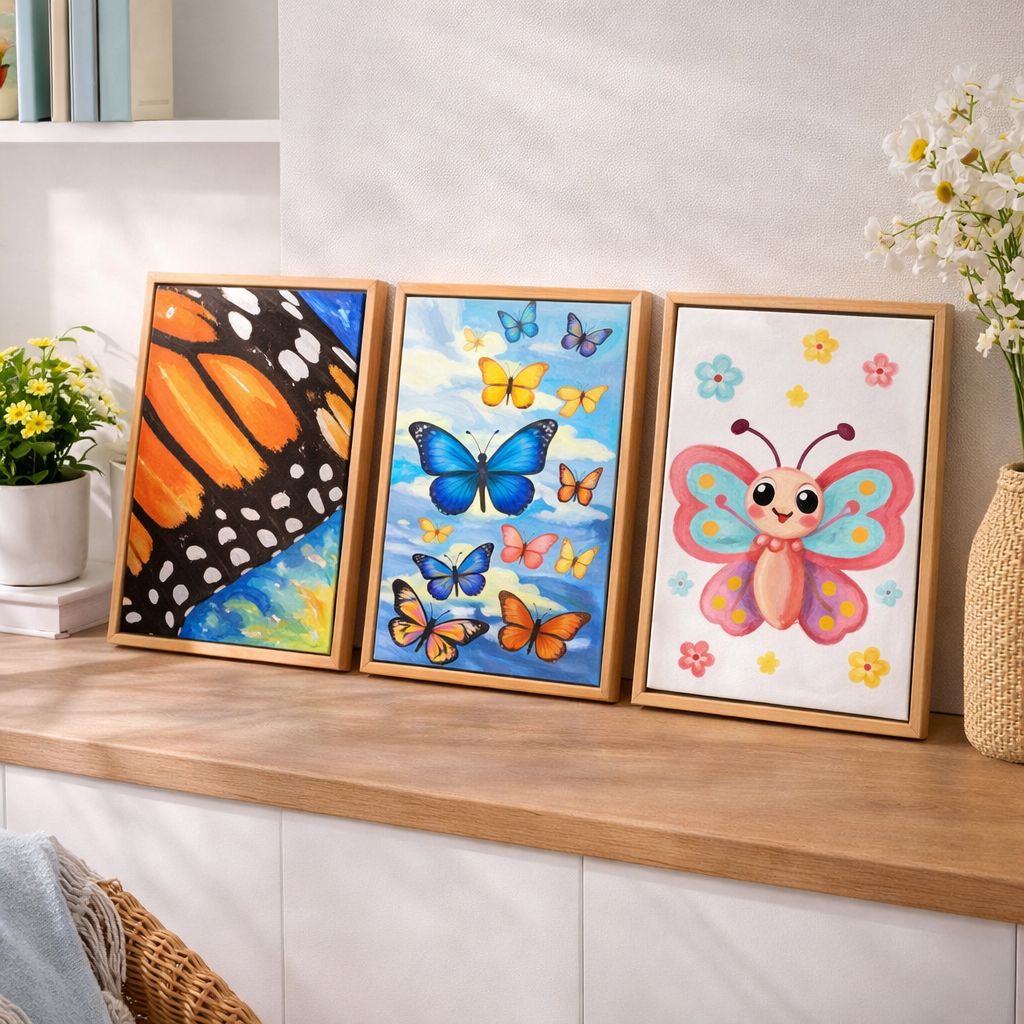 Collection de toiles de peinture par numéro encadrées avec différents papillons dans une décoration lumineuse et aérée