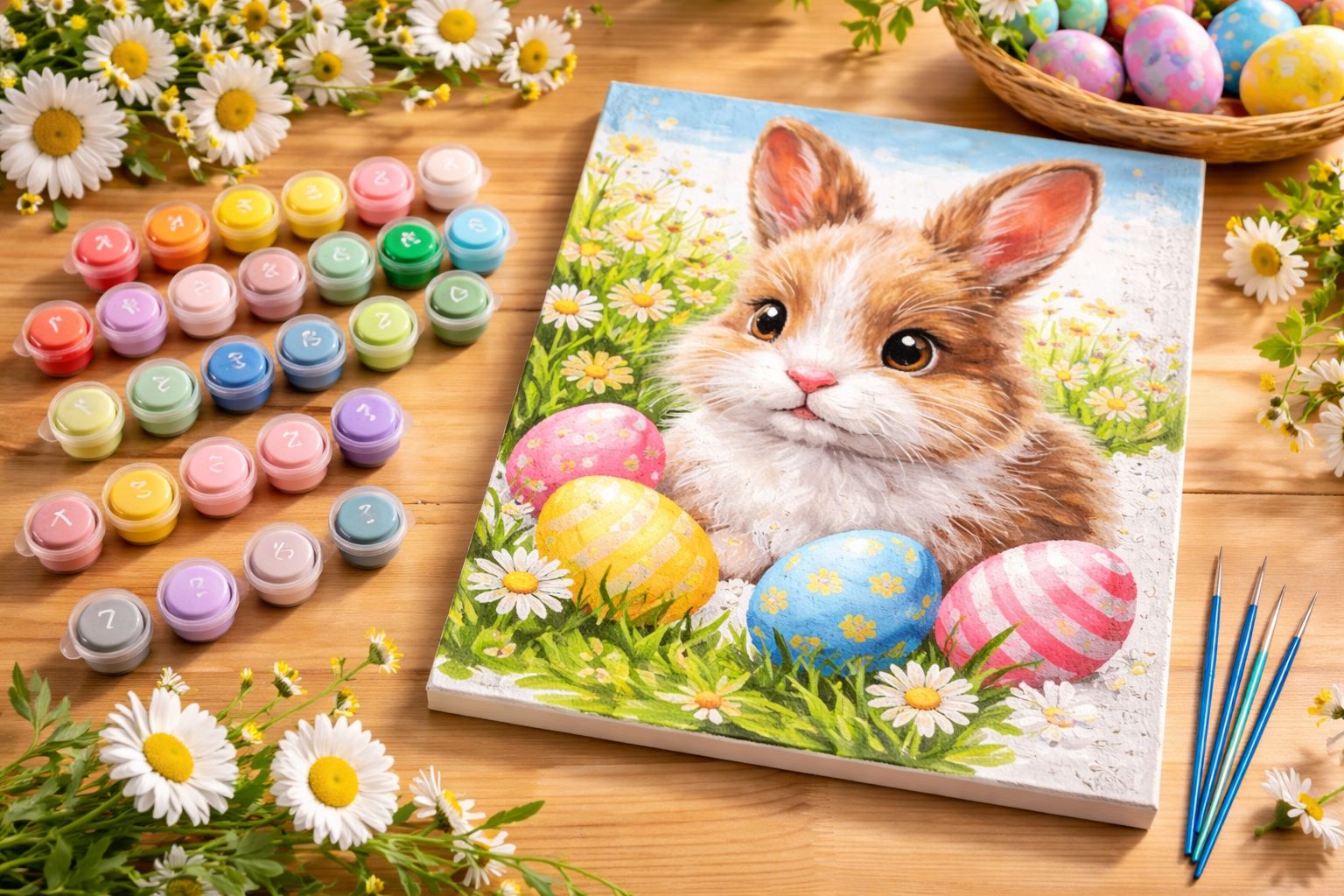 Kit complet de peinture par numéro sur le thème de Pâques avec une toile de lapin et d'œufs colorés, des pots de peinture aux tons pastel et des pinceaux