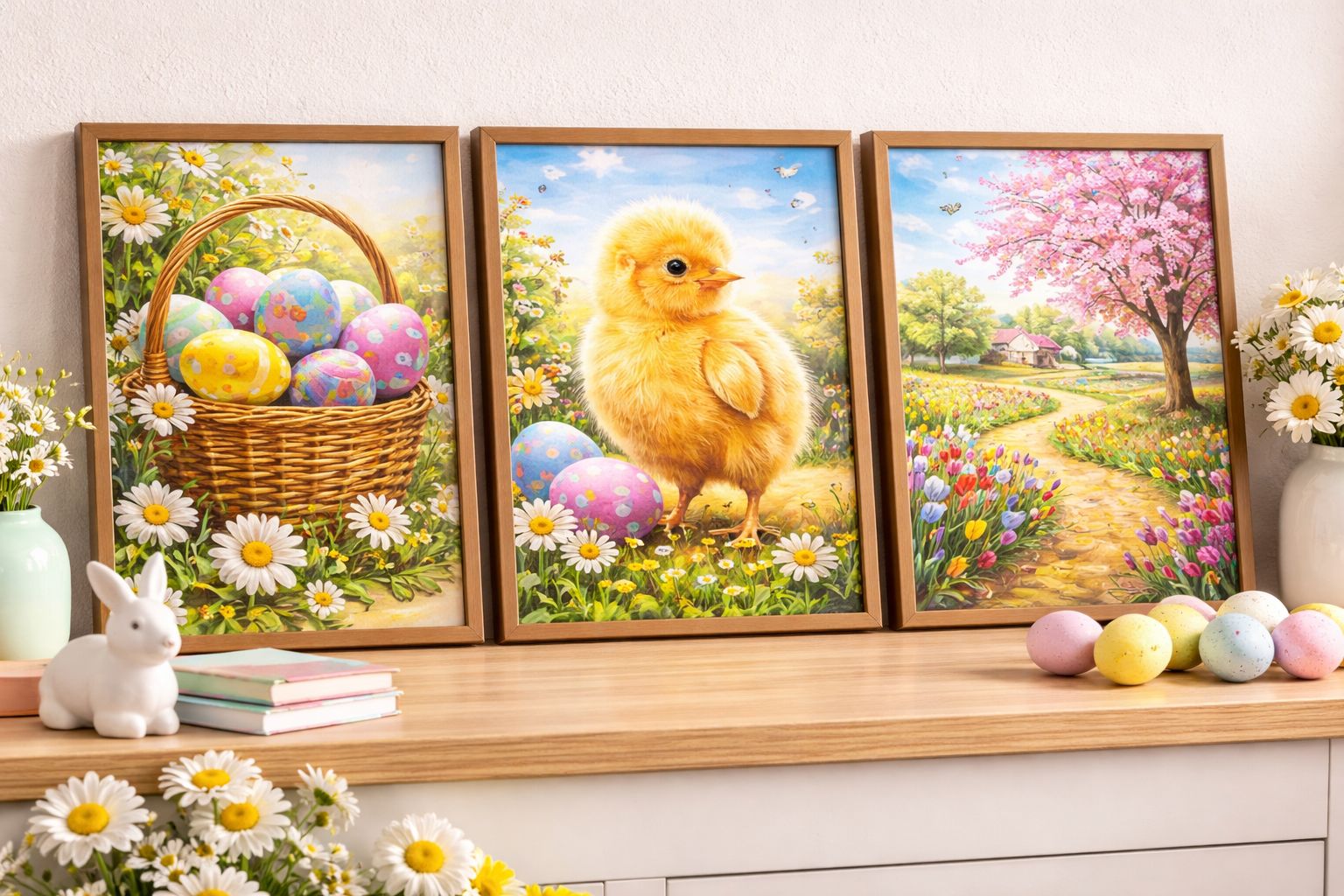 Collection de toiles encadrées de peinture par numéro pour Pâques avec un panier d'œufs, un poussin et un paysage printanier
