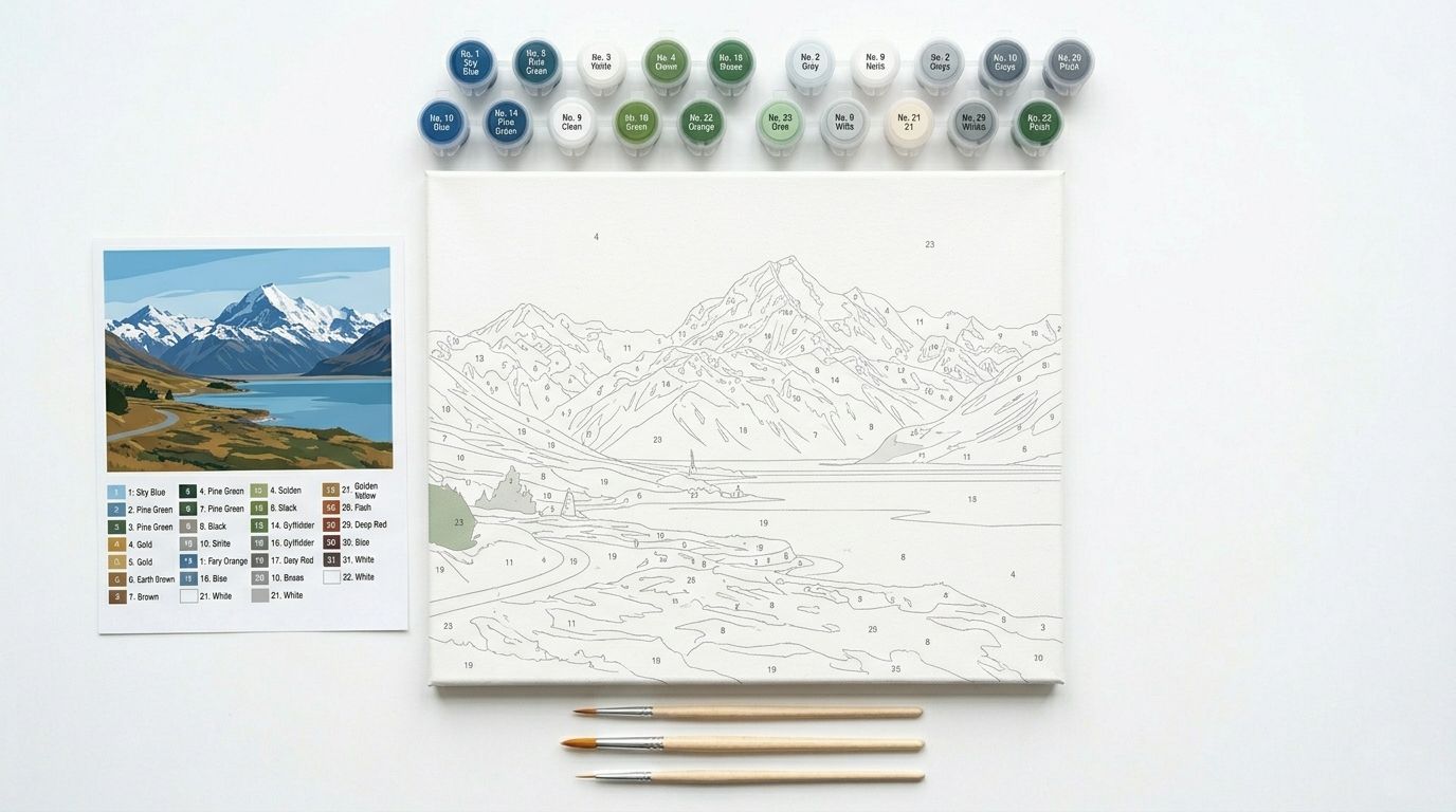 Kit complet de peinture par numéro paysage avec toile numérotée représentant une montagne, pots de peinture acrylique et pinceaux
