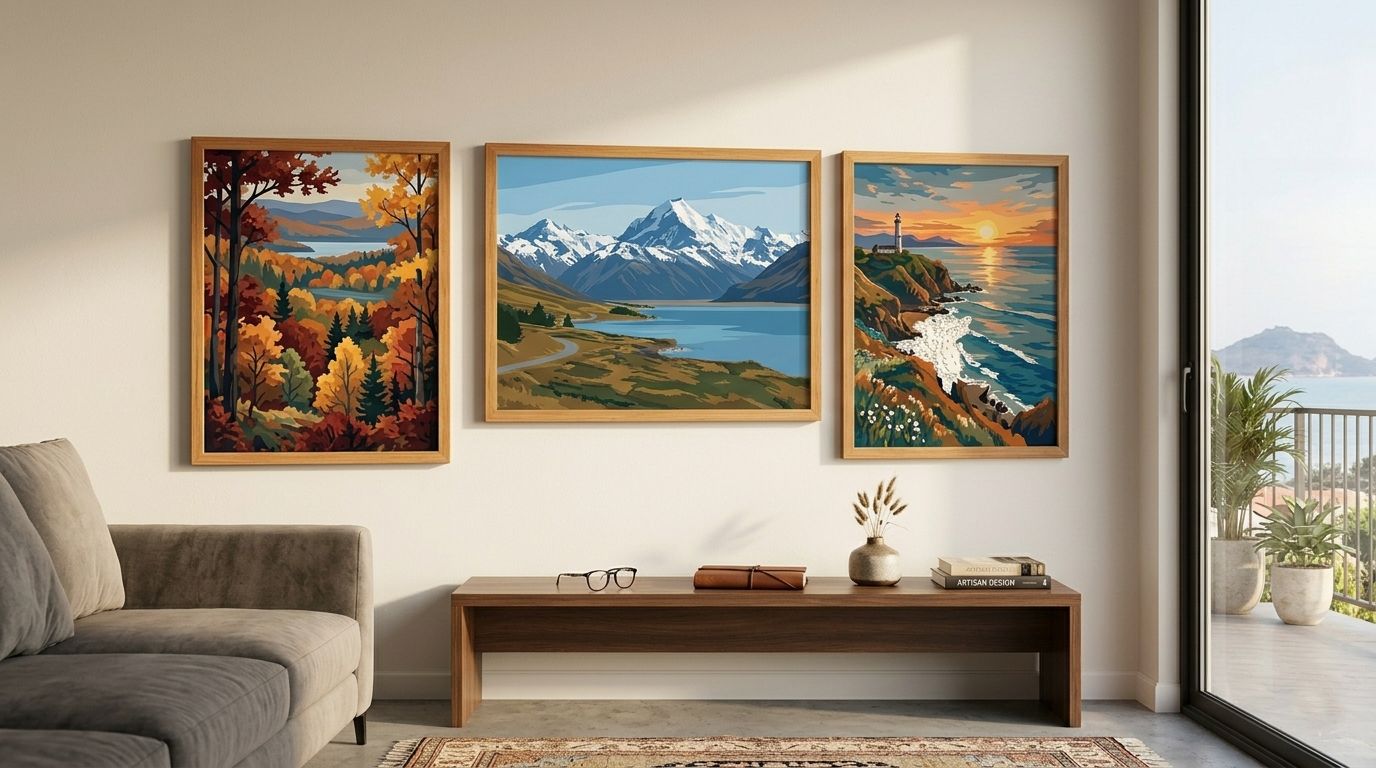 Collection de toiles de peinture par numéro paysage encadrées représentant une montagne, un coucher de soleil et une forêt dans un salon
