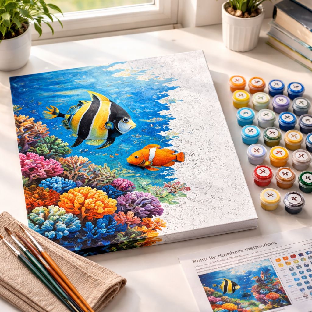 Kit complet de peinture par numéro d'un récif de corail avec poissons tropicaux, avec pots de peinture aux couleurs vives et pinceaux sur un bureau