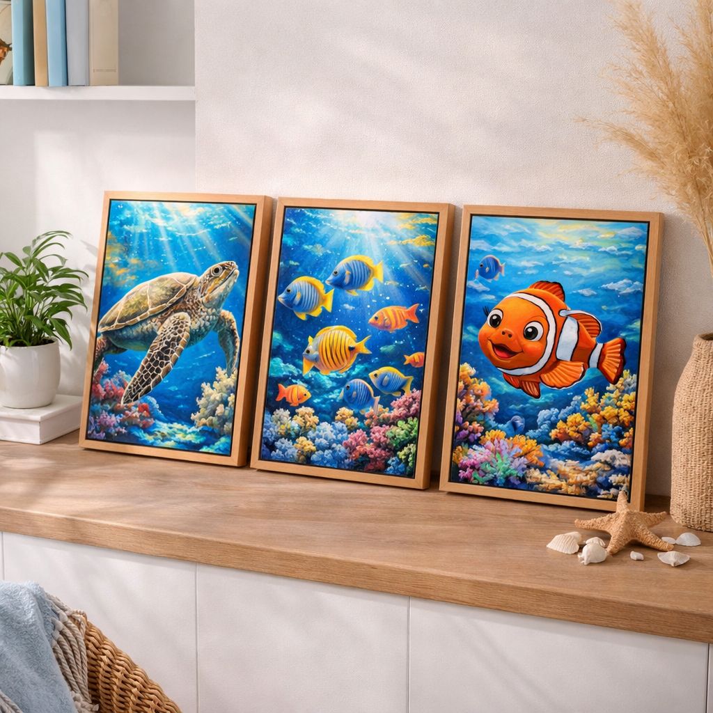Collection de toiles de peinture par numéro encadrées représentant des poissons, une tortue marine et des scènes aquatiques dans une décoration intérieure style bord de mer
