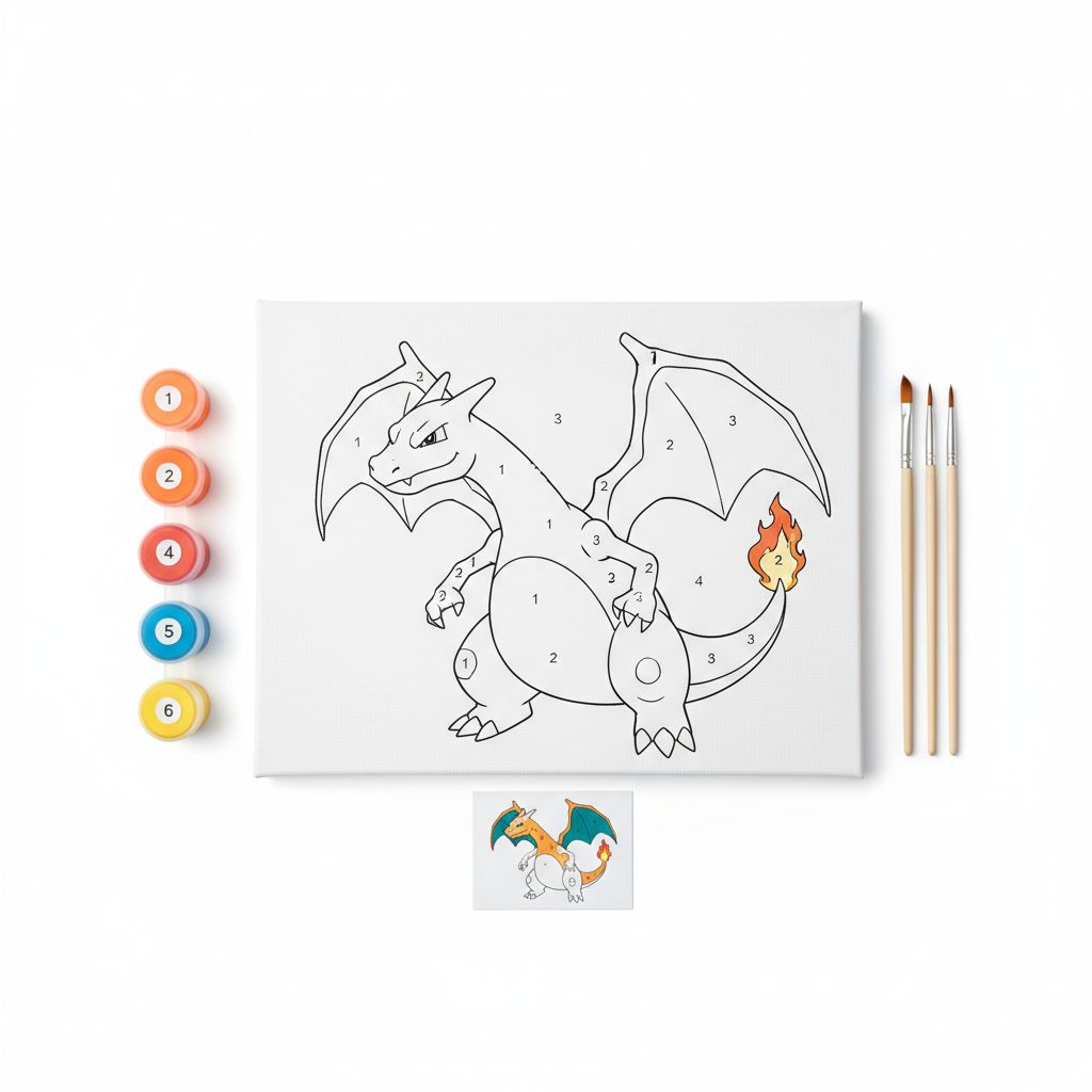 Kit complet de peinture par numéro Dracaufeu avec toile numérotée, pots de peinture acrylique orange et rouge et pinceaux