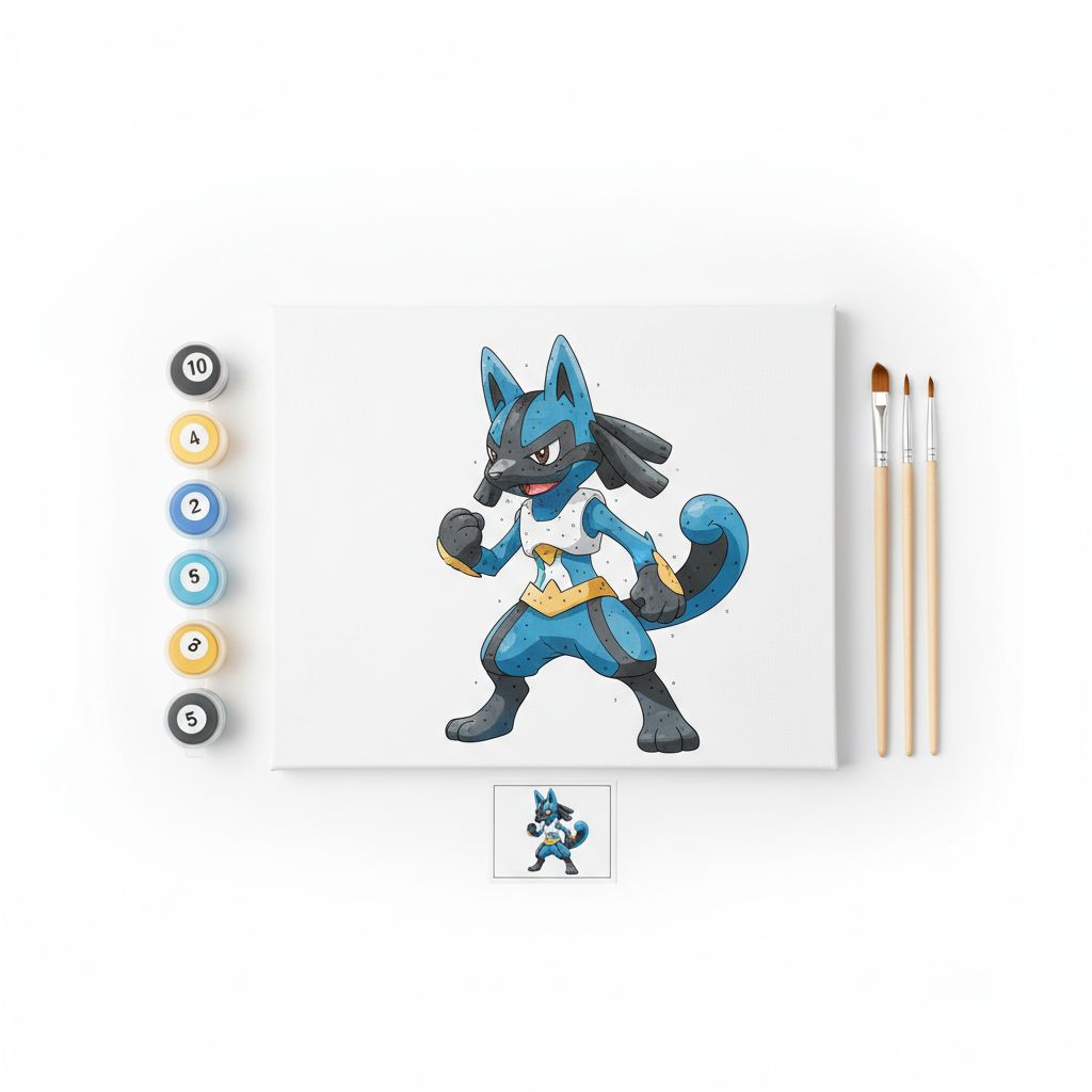 Kit complet de peinture par numéro Lucario avec toile numérotée, pots de peinture acrylique bleu et noir et pinceaux