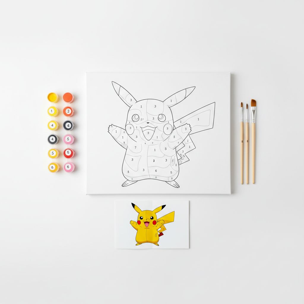 Kit complet de peinture par numéro Pikachu avec toile numérotée, pots de peinture acrylique jaune et pinceaux