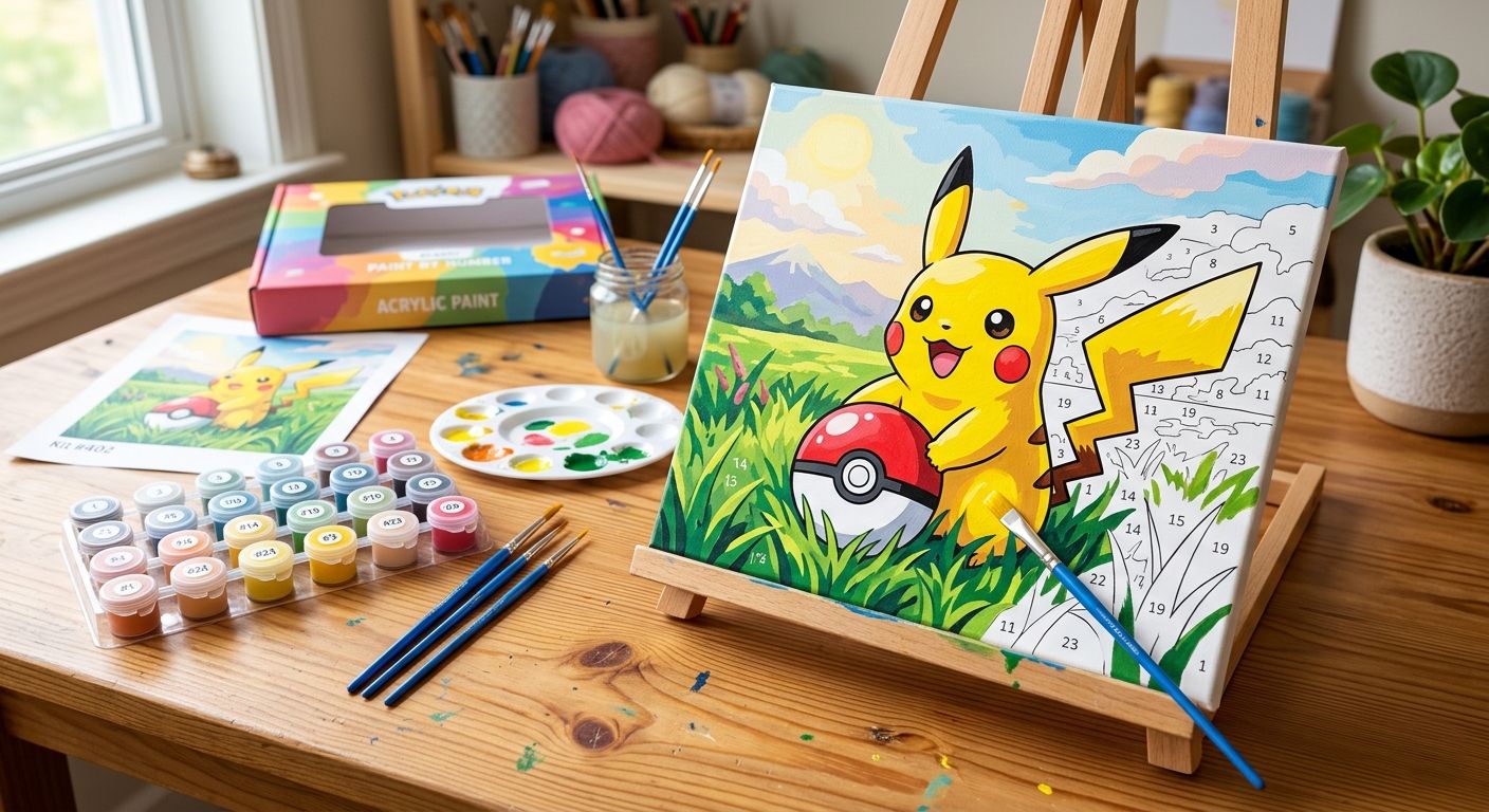 Kit complet de peinture par numéro Pokémon avec toile de Pikachu et une Pokéball, pots de peinture acrylique aux couleurs vives et pinceaux