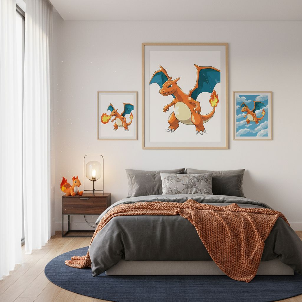 Collection de toiles de peinture par numéro Dracaufeu encadrées et affichées dans une chambre moderne
