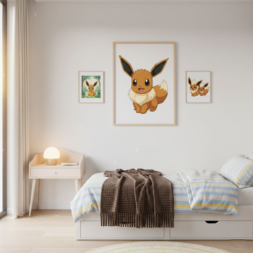 Collection de toiles de peinture par numéro Évoli encadrées et affichées dans une chambre moderne