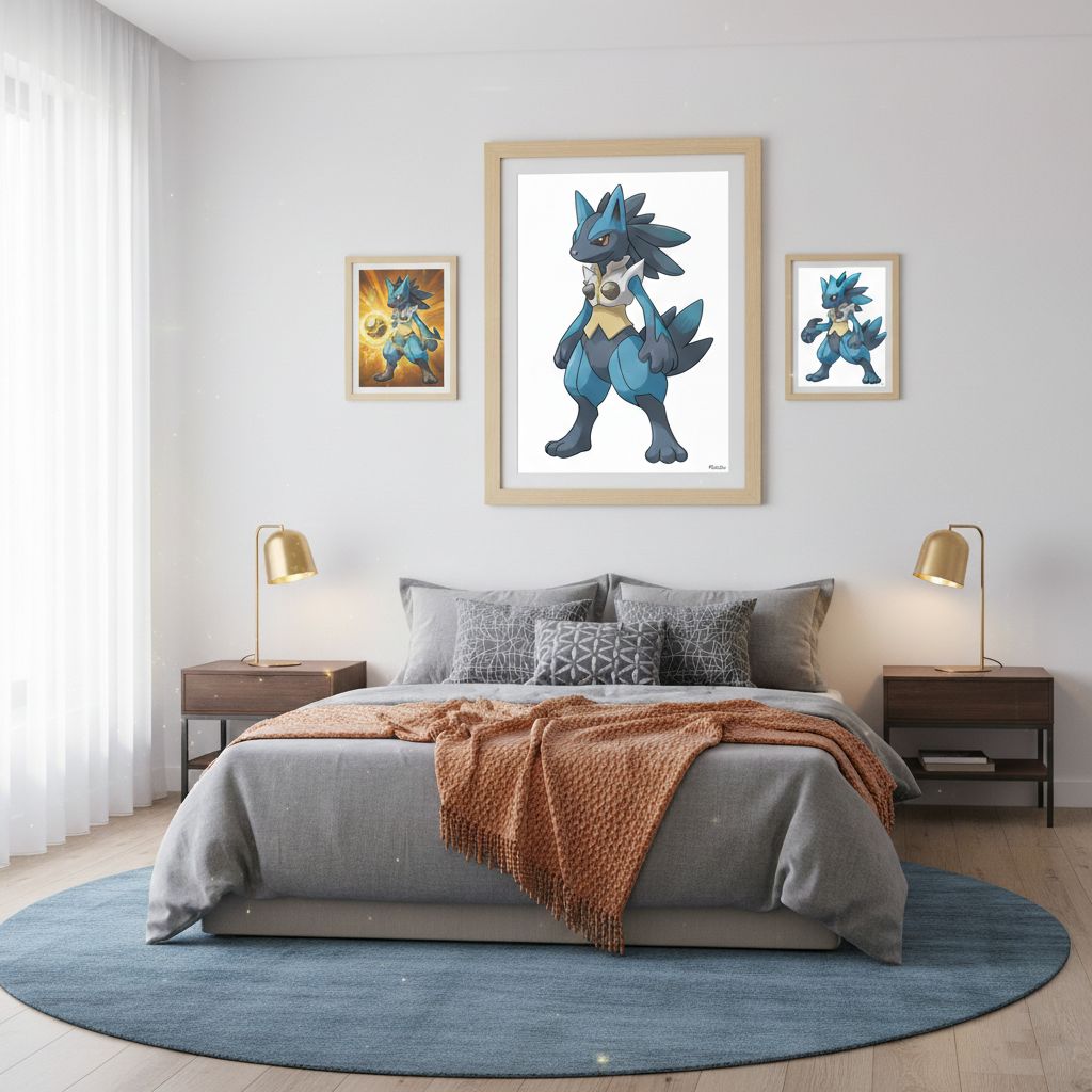 Collection de toiles de peinture par numéro Lucario encadrées et affichées dans une chambre moderne