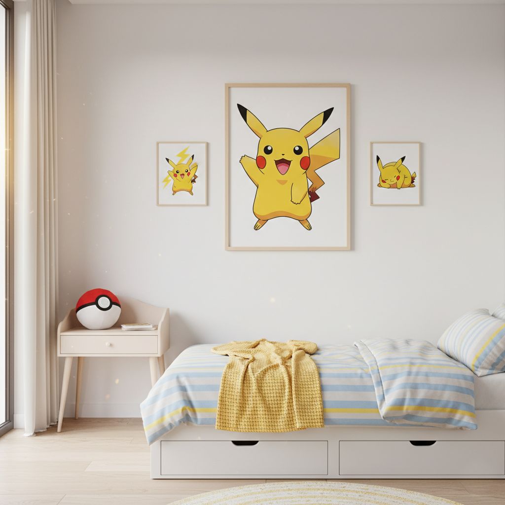Collection de toiles de peinture par numéro Pikachu encadrées et affichées dans une chambre moderne
