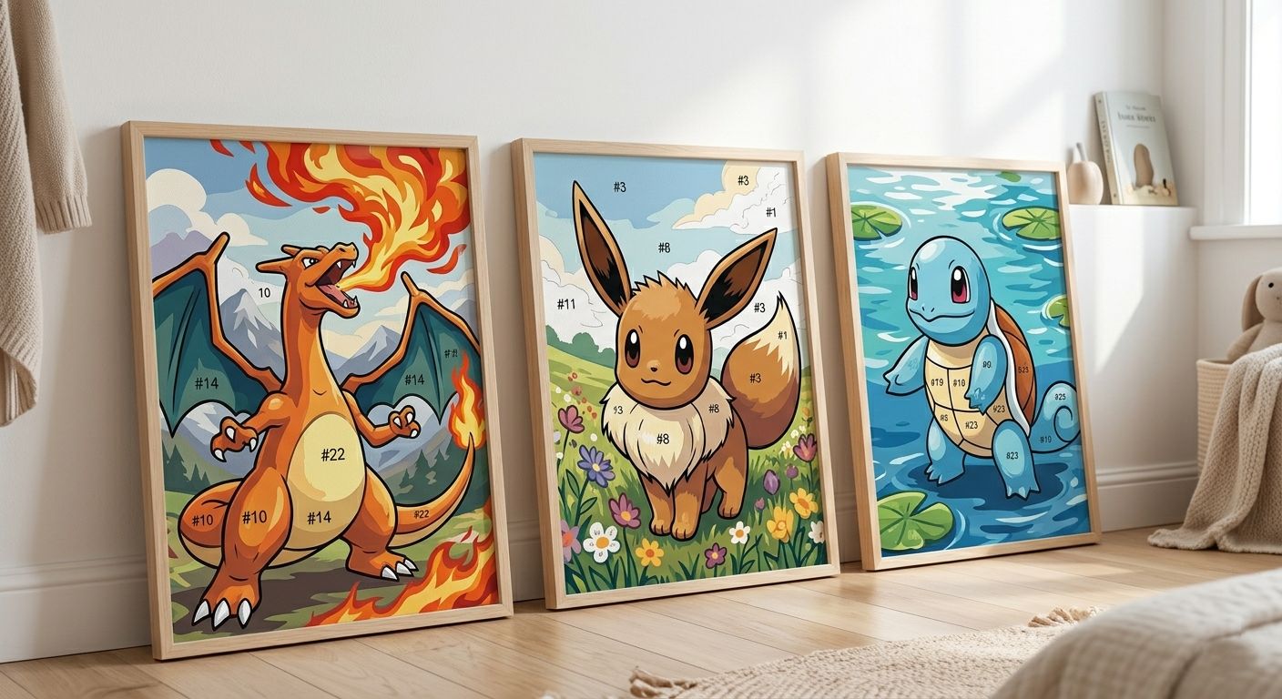 Collection de toiles de peinture par numéro Pokémon encadrées représentant Dracaufeu, Évoli et Carapuce dans une chambre moderne