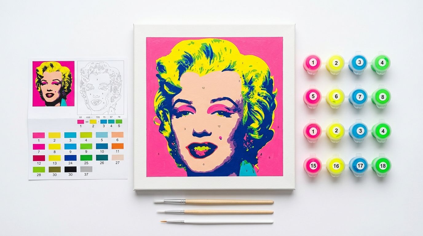 Kit complet de peinture par numéro Pop Art avec toile numérotée style Warhol, pots de peinture acrylique aux couleurs vives et pinceaux