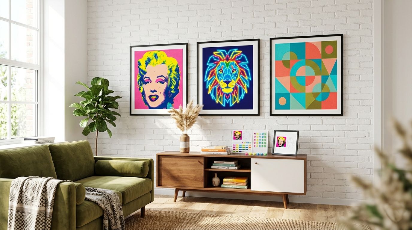 Collection de toiles de peinture par numéro Pop Art encadrées représentant des portraits colorés style Warhol dans un salon moderne